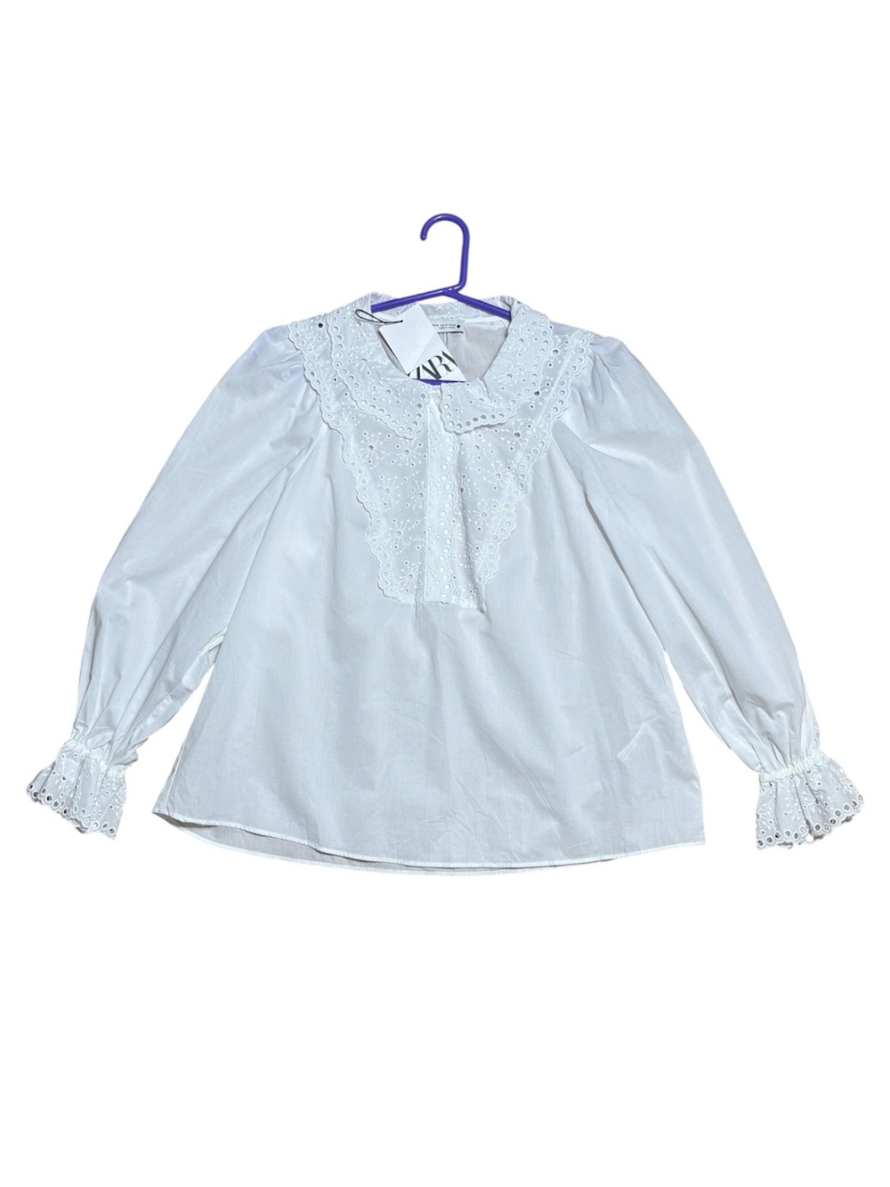 Zara 100% Cotton Poplin Nydelig Eyelet Peter Pan Collar Blouse NWT White Sz M